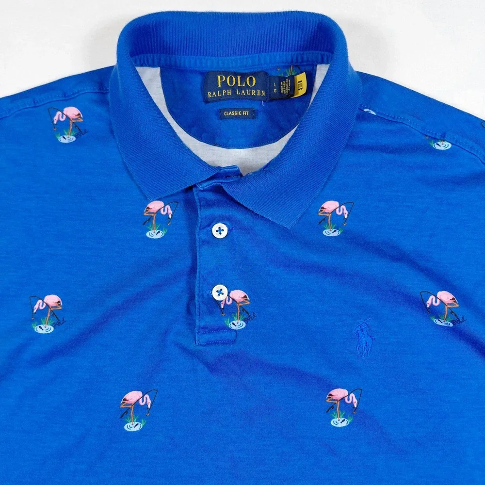 Polo Ralph Lauren Men Classic Fit Blue Flamingo Print Short Sleeve Polo Shirt‎ L